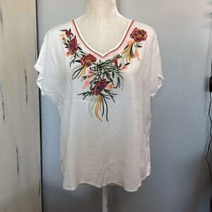 Solitaire Embroidered Floral Blouse Cream Boho V Neck Top Size Large Relaxed